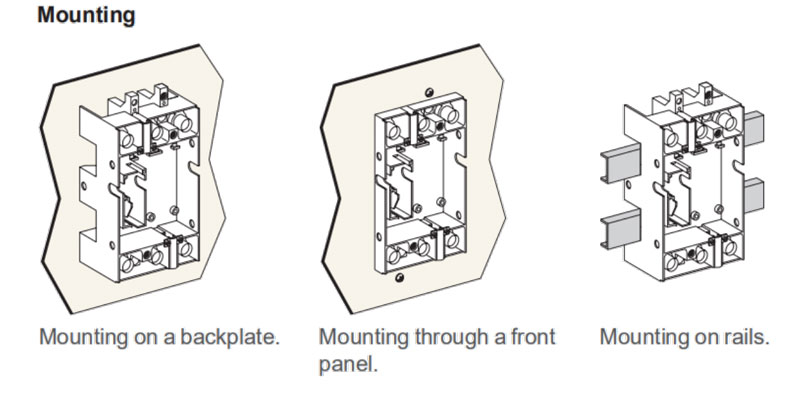 Mounting:Mounting on a backplate.Mounting through a front panel.Mounting onrails.