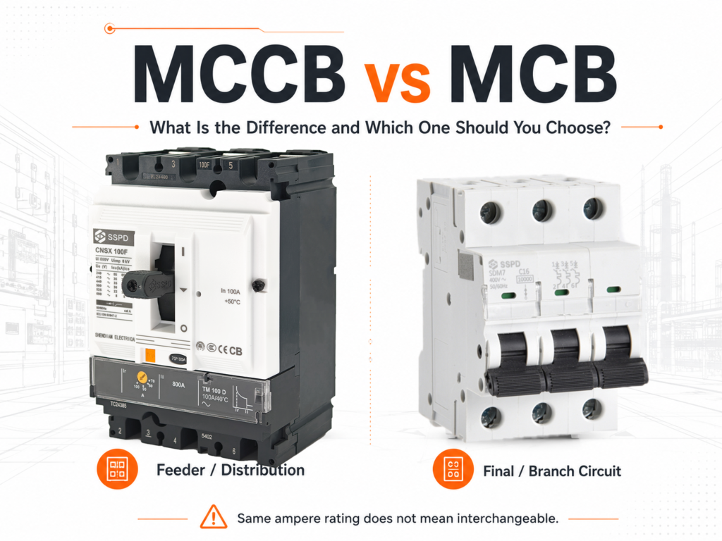 Perbandingan MCCB vs MCB yang menunjukkan distribusi feeder dan aplikasi sirkuit cabang akhir