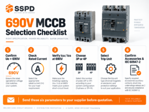 Liste de contrôle pour la sélection d'un disjoncteur MCCB 690 V, comprenant les paramètres Ue, Icu, Ics, le nombre de pôles et l'unité de déclenchement