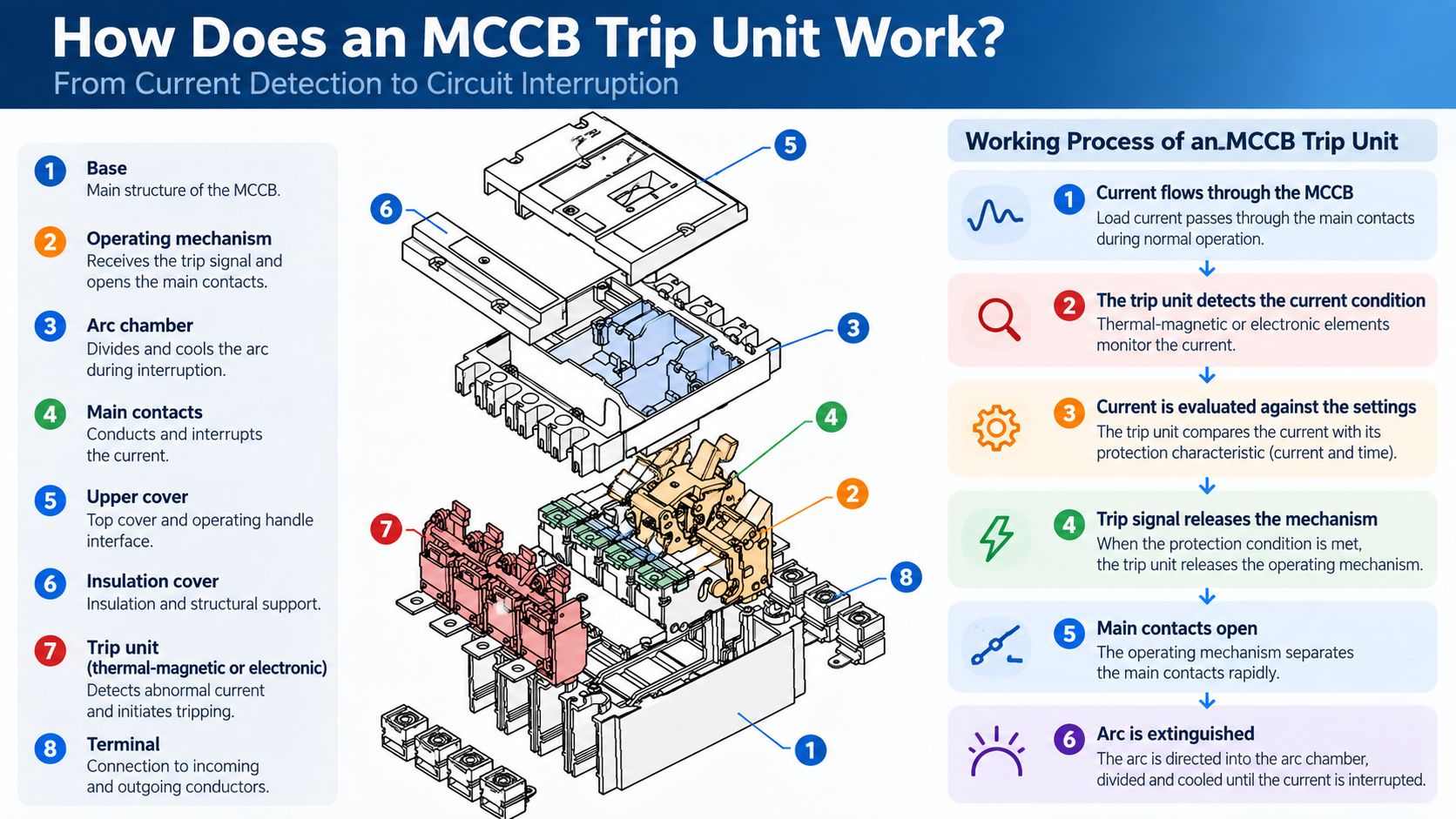 How an MCCB trip unit works with thermal-magnetic and electronic protection