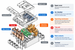 MCCB internal structure showing the trip unit, operating mechanism, main contacts and arc chamber