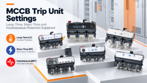 MCCB trip unit settings showing Long-Time Short-Time and Instantaneous protection functions