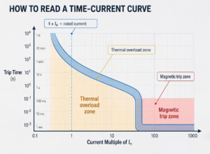 Illustrative MCCB trip curve showing thermal overload and high-current trip regions