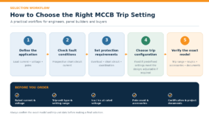 MCCB trip setting selection workflow covering load current, short-circuit protection, coordination, and model verification